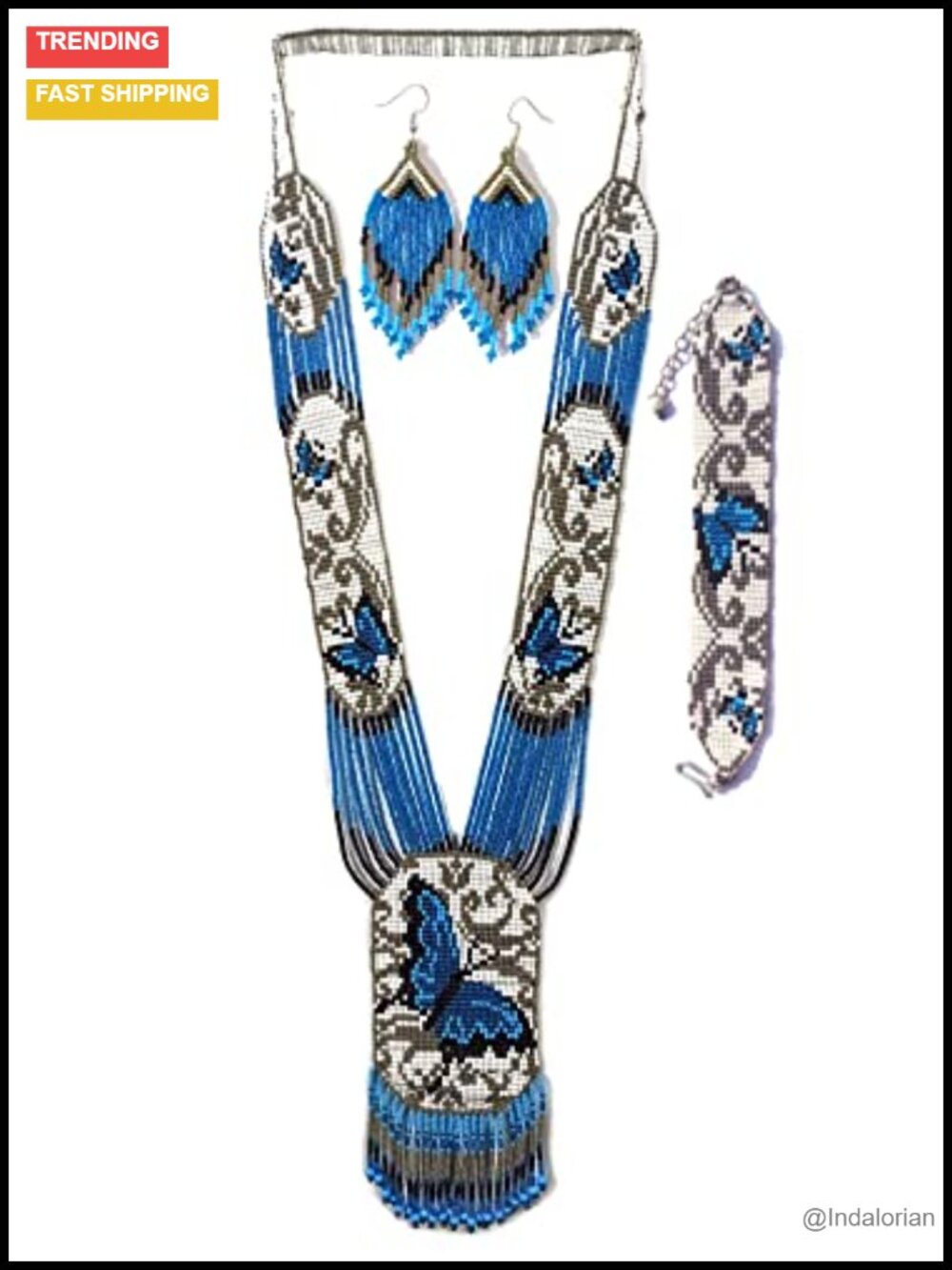 Handmade Boho Beaded Statement Necklace with Cuff & Earrings, Glass Seed Beads,